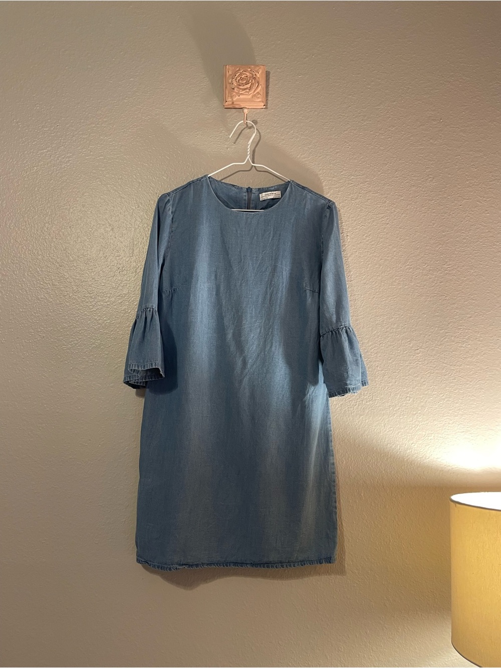 Zara Light Blue Denim-Style Shift Dress with Bell Sleeves